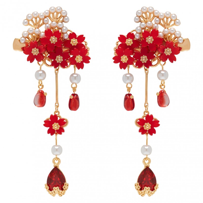 TEMU Pinces à Cheveux Pétales en Verre Rouge de Style Chinois 2 pièces, Barrette à Cheveux Décorative en Alliage pour Femme