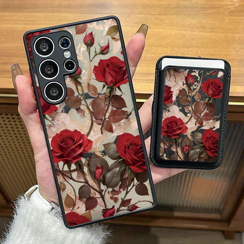TEMU Phone Case - 2pcs Set Creative Red Rose Pattern Magnetic Phone Case & Fashionable Luxury Artificial Leather Magnetic Property Multi-functional