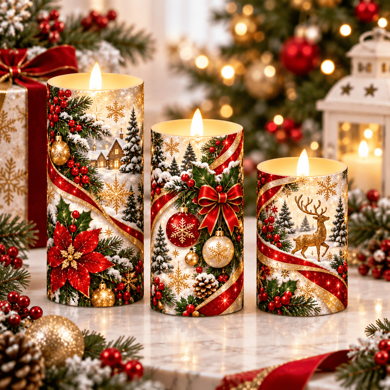TEMU Flameless Led Candles 3pcs Set Flickering Candle Lights Christmas Poinsettia Reindeer Decorative Candle Set For Home Decor Holiday Table