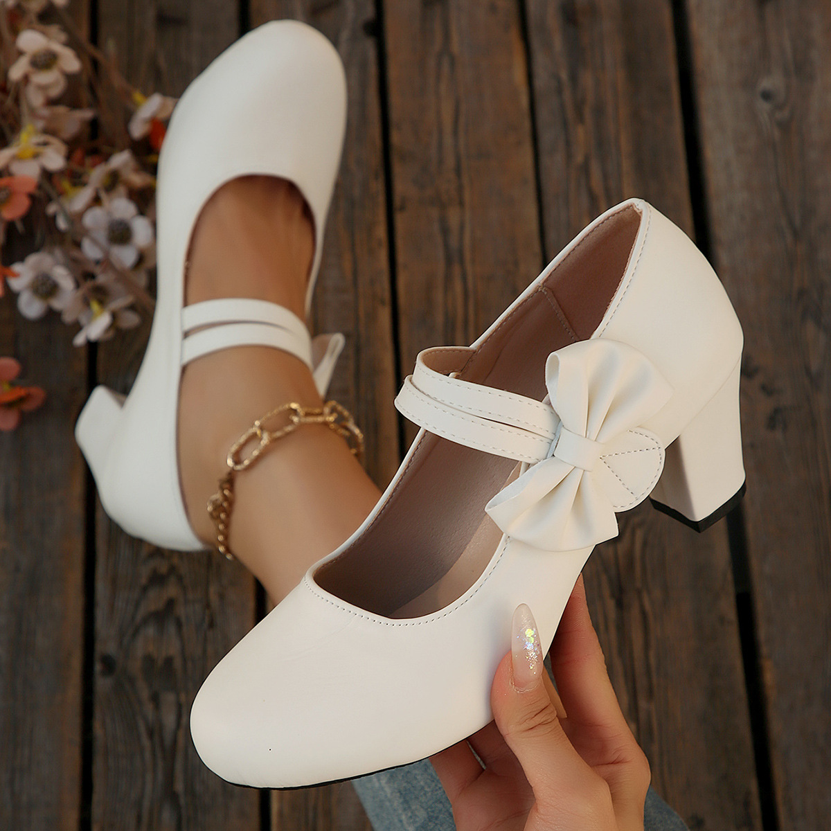 Image of 2026 New Style Plus Size Women's Shoes With Bow, Hook-and-loop Fastener, Chunky Heel, High-heeled Casual Flats For Women, , Elegant Temperament And Comfortable Flats, Women Shoes