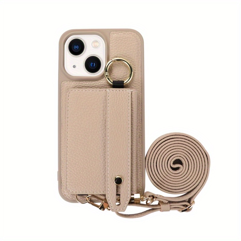 TEMU Phone Case - Retro Fashion Faux Leather Texture Folding Wristband Ring Holder Crossbody Lanyard Phone Case For Iphone 11 12 13 16e Pro Full