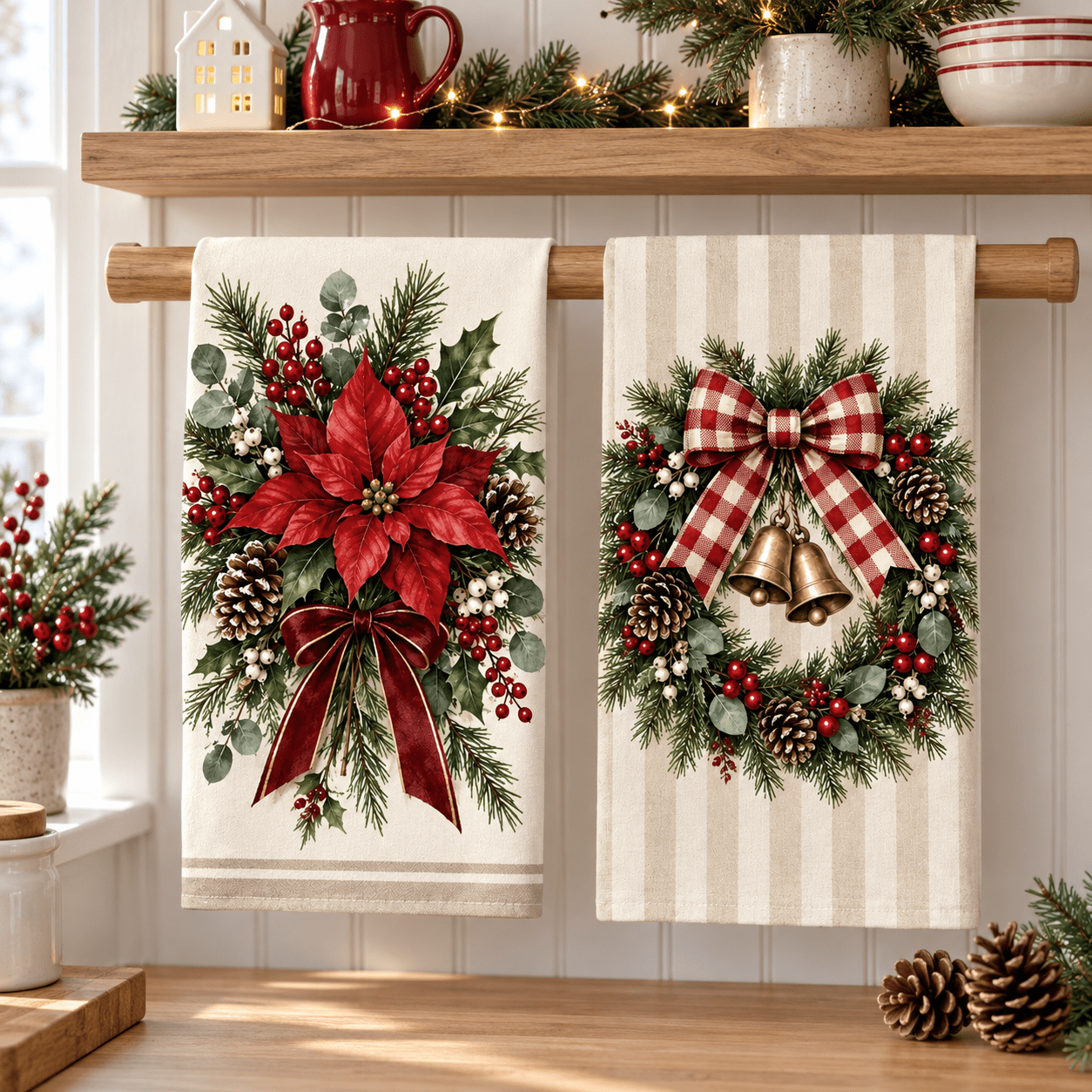 TEMU 2pcs Christmas Red Rose Wreath Bell Kitchen Towels, Decorative Tableware For Kitchen, Christmas Housewarming Gift, Festive Kitchenware, Suitable