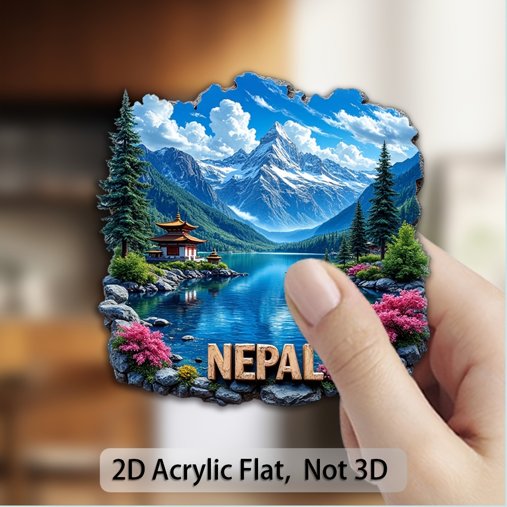 A Single Decorative Plaque And Ornament in The Form of a 2D Flat Acrylic Fridge Magnet Featuring a Landscape from Nepal. This Fridge Sticker Serves As a Travel Keepsake And Is Ideal for Enhancing Home Decor, Particularly in Kitchens