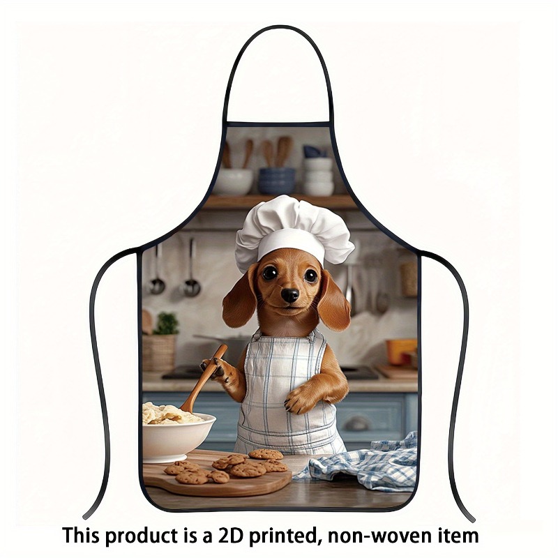 TEMU 1pc Cute Dachshund Chef Apron - 2d Printed With Hat And Utensils, Baking Gardening Apron, Home Decor Holiday Gift