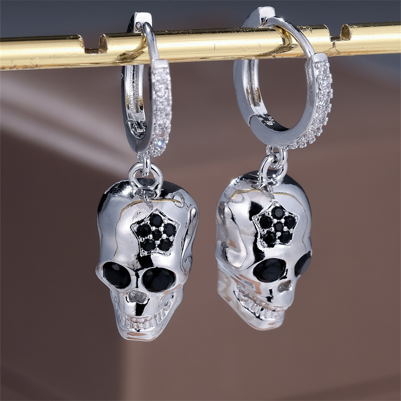 E-shop Damen Herren Schmuck Silberfarbene Totenkopf Ohrringe Hängeohrringe Halloween Valentinstag Schmuck, Ohne Batterie