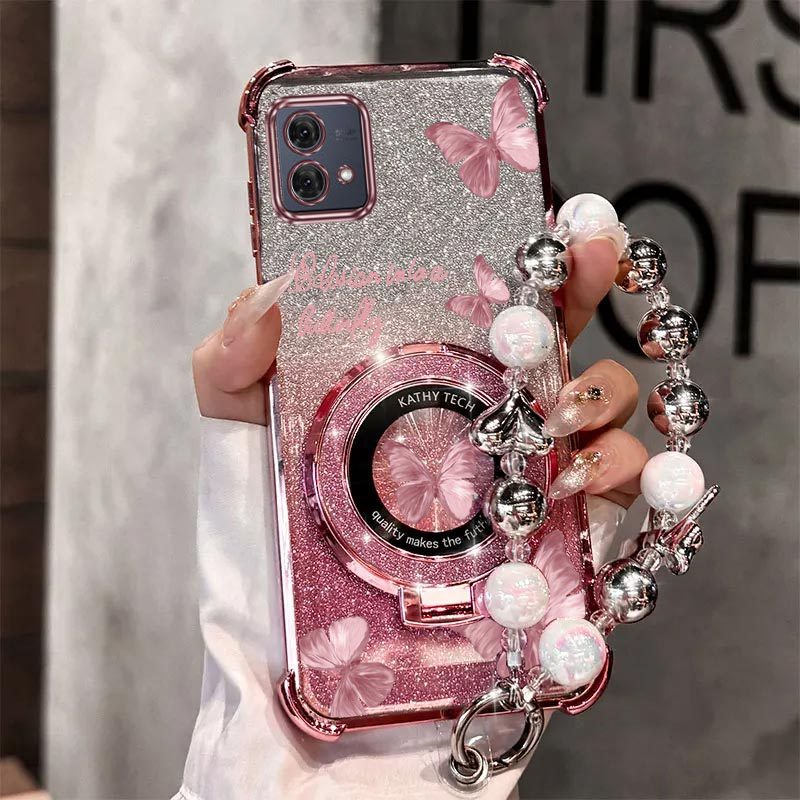 TEMU Phone Case: Pearl Wrist Strap Lanyard Magnetic Glitter Luxury Phone Holder Case On For Motorola Moto G84 Motog84 Anti-knock Shock Proof Stand