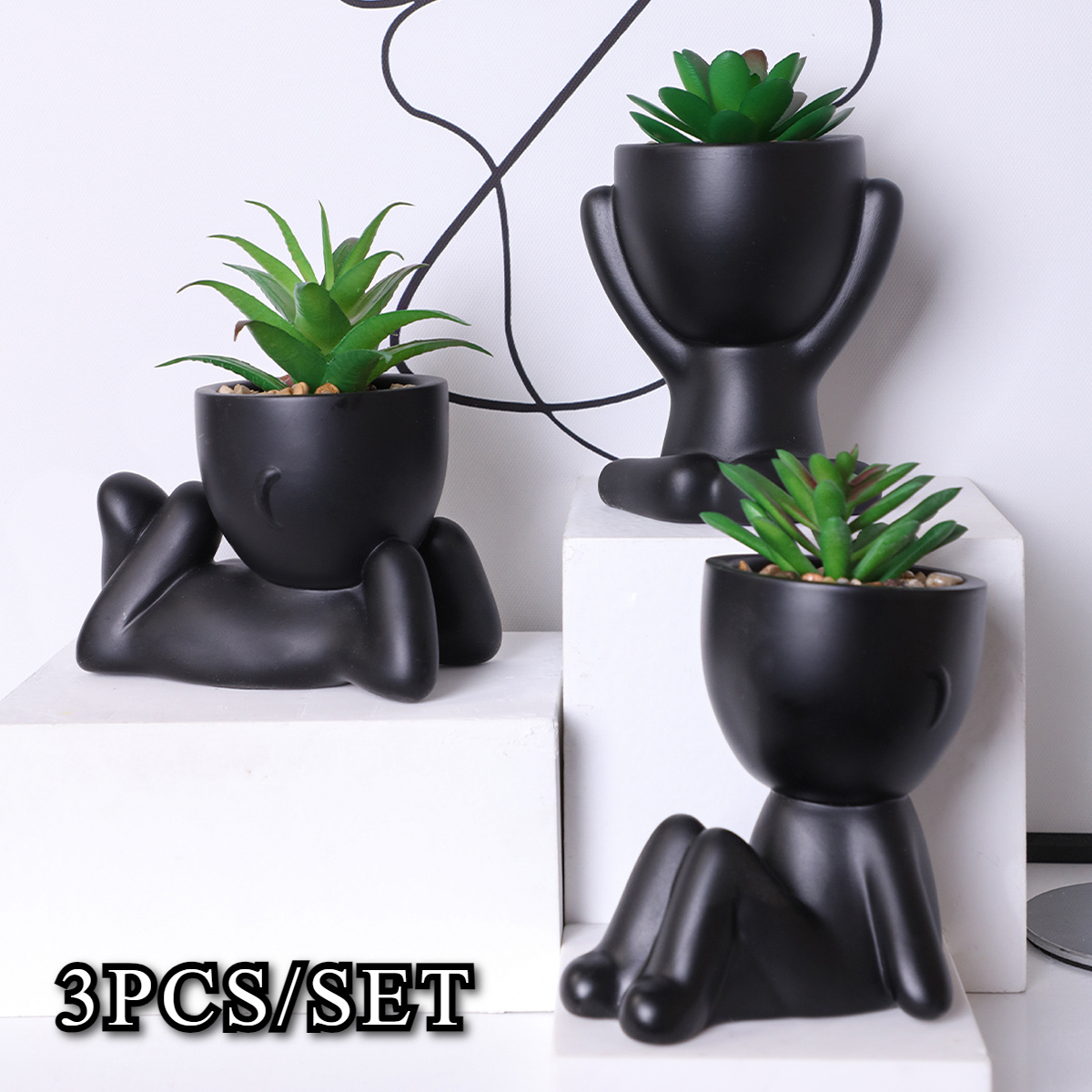 Image of 3pcs/set Artificial Aloe Vera Succulent With Small Cartoon Potted Plant Fake Succulent Black Pe Material Artificial Potted Plant Artificial Flower Outdoor Party Decoration Home Decoration