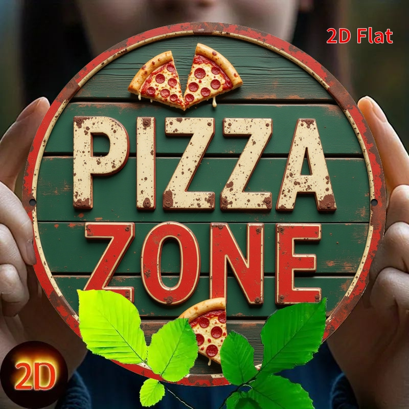 TEMU 2D Flat - ��2D Flat�� 2D Flat - [2D Flat] Targa in Legno 2D Flat, 1 pz, Design a Tema Area Pizza Retro, Verde Antico, con Rossi e , Superficie