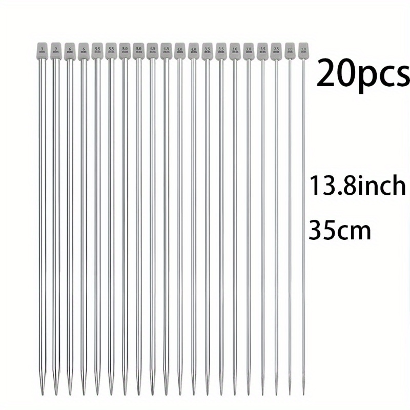 E-shop 20er Set Edelstahl Stricknadeln 2 mm - 7 mm Gerade Einzelspitze Häkelnadeln 25 / 35 cm Pullover Nadeln zum Stricken