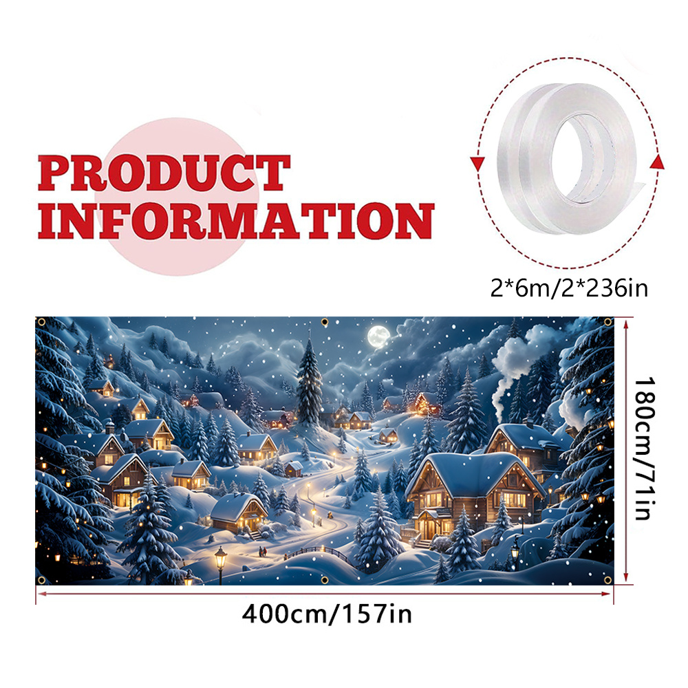 TEMU Banderole de porte 2D 1pc Winter Bannière de porte de garage de Noël - Scène de village enneigé en polyester, durable, pas d'électricité ,