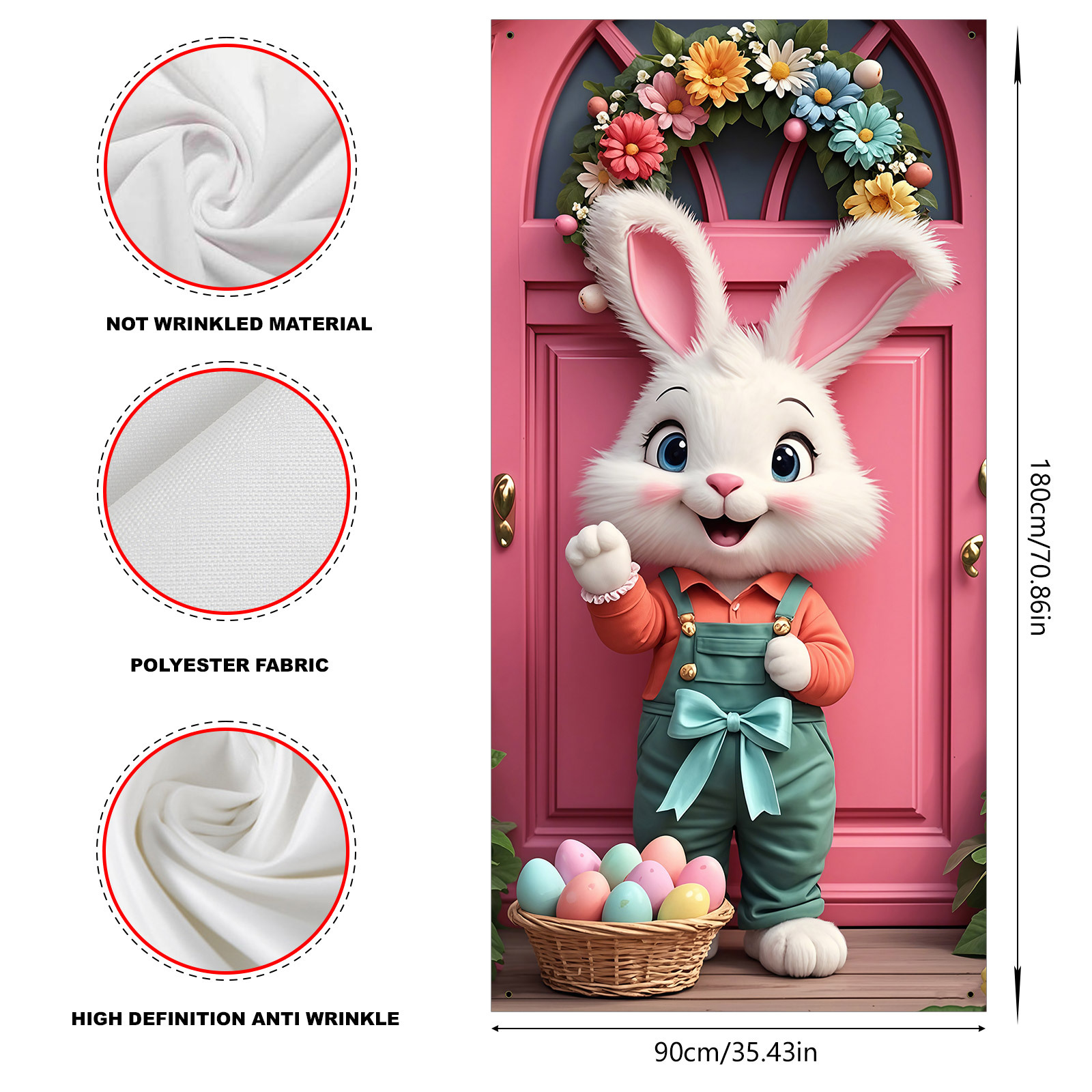2d door banner 1pc easter bunny door cover 35x70 inches 90  cm polyester 2d pink wooden door banner with pastel eggs design no power needed ideal for holiday parties and easter celebrations multipurpose room and entryway decor details 2