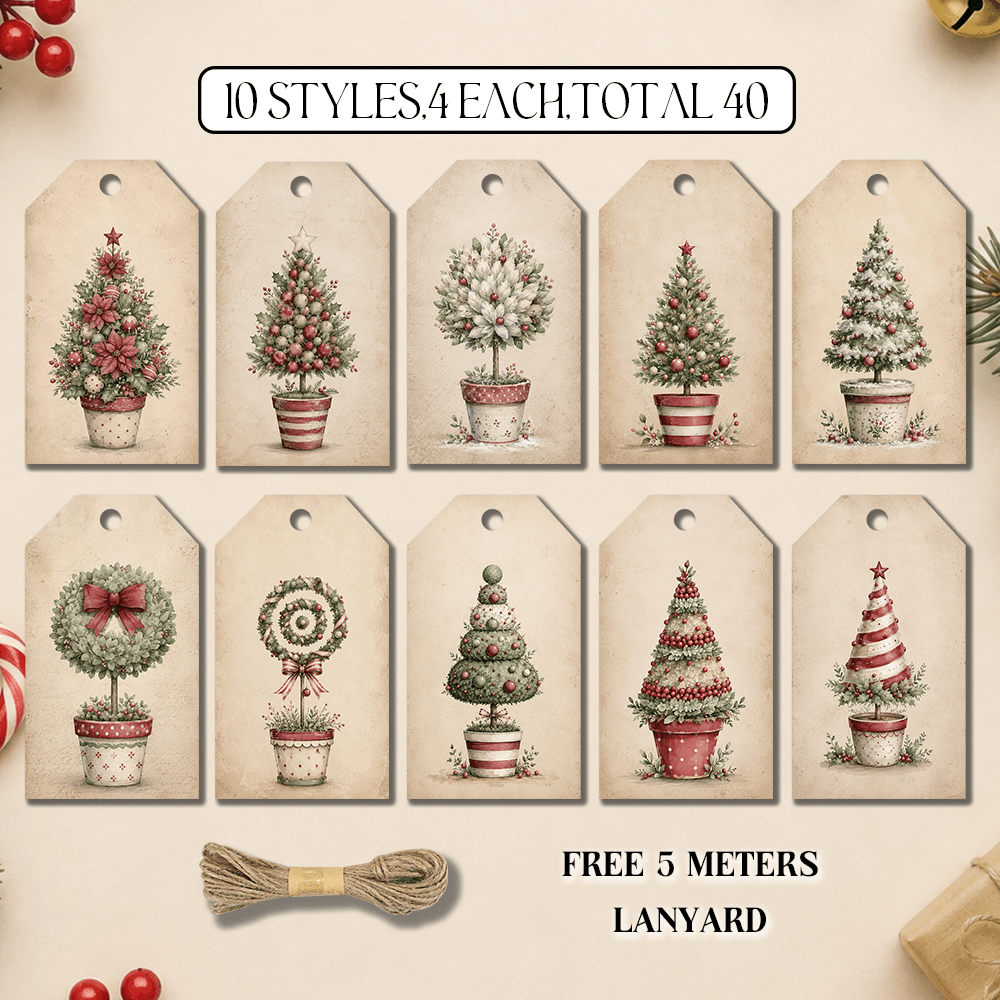 TEMU 40pcs, Retro Nostalgic Christmas Tree Potted Plant Tags, Pastoral Style Christmas Holiday Labels, Winter Gift Tags, Christmas Tree Decoration