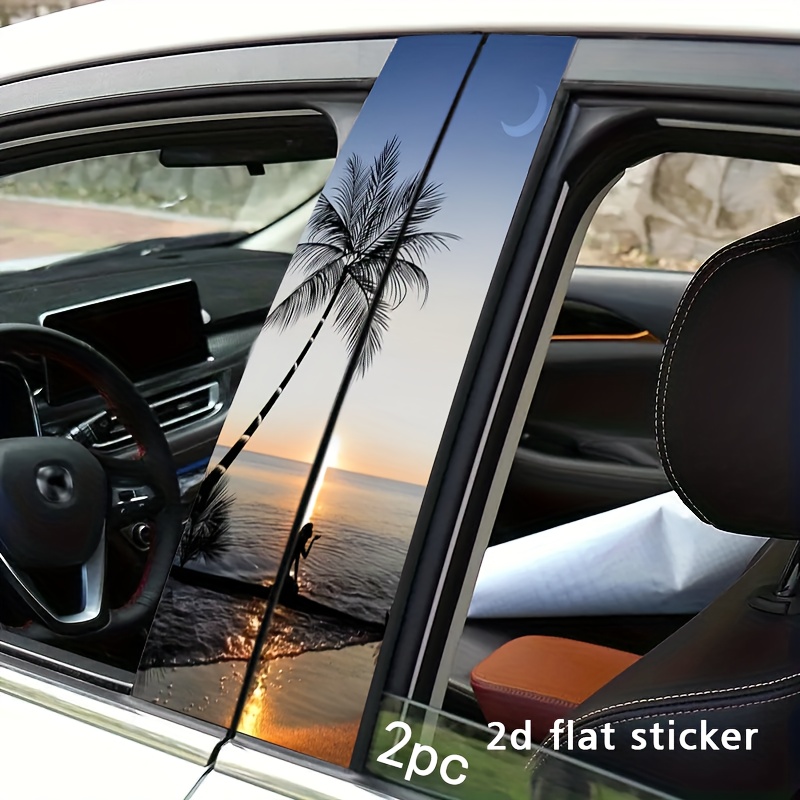 TEMU Set Of 2pcs B-pillar Stickers Featuring A Beach Coconut Tree Sunset Silhouette Design. 2d Flat Waterproof Protective Films Are Suitable For Glass, Metal, Plastic, Ceramic, And Wood