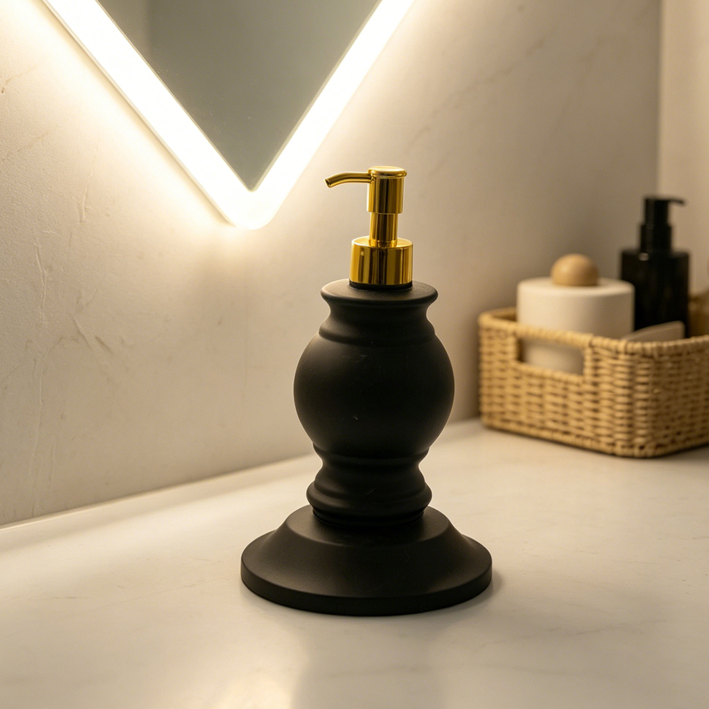 Luxury European Vintage Roman Column Soap Dispenser, Matte Black Push-Type, High-End Bathroom Liquid Hand Soap Pump Bottle, Suitable for Hotel and Home Decor