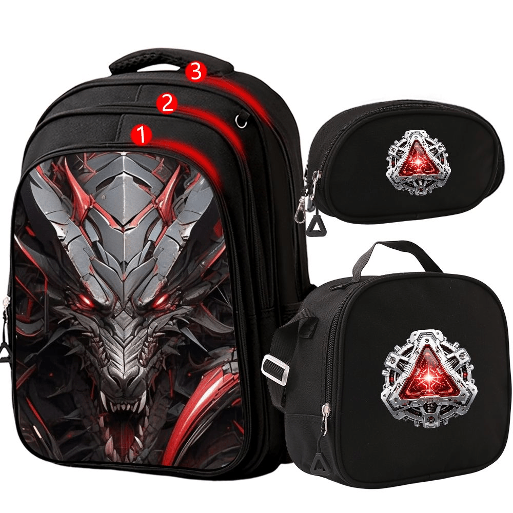 TEMU 3pcs Backpack Bundle, Metallic Robotic Dragon Red Eyes Mechanical Gear Theme Large Capacity Travel Bag With Matching Crossbody Carrier And