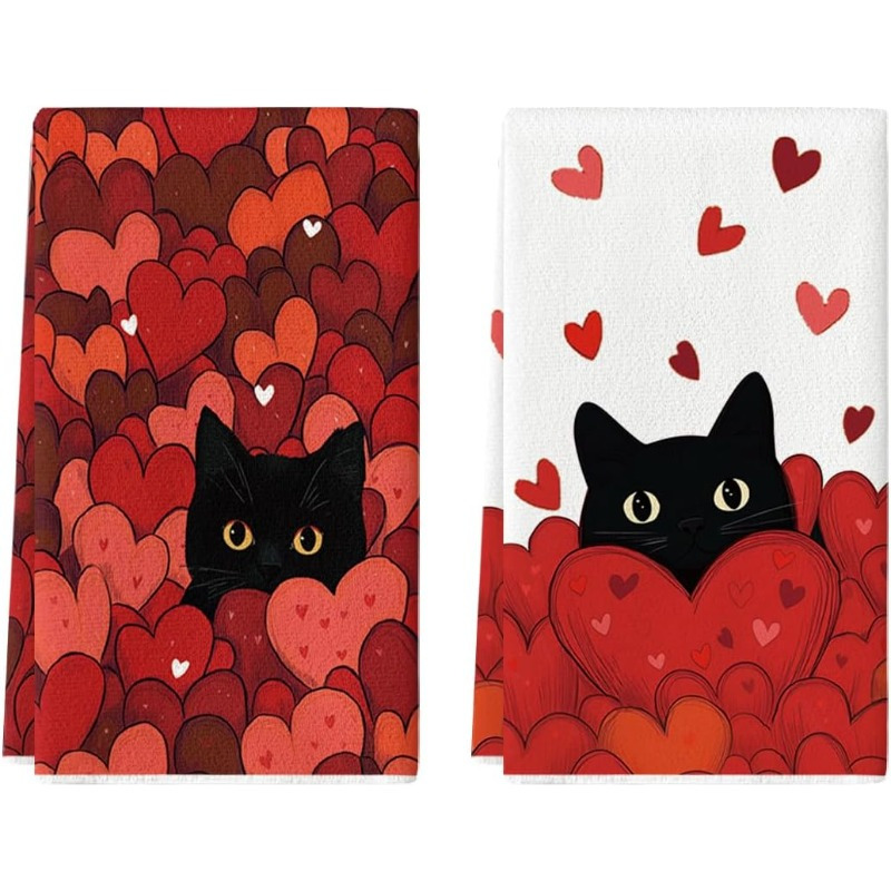 

2pcs Polyester Kitchen Towels - 18x26" Black Cat & Red , Valentine's Day & Wedding Decor, Machine Washable