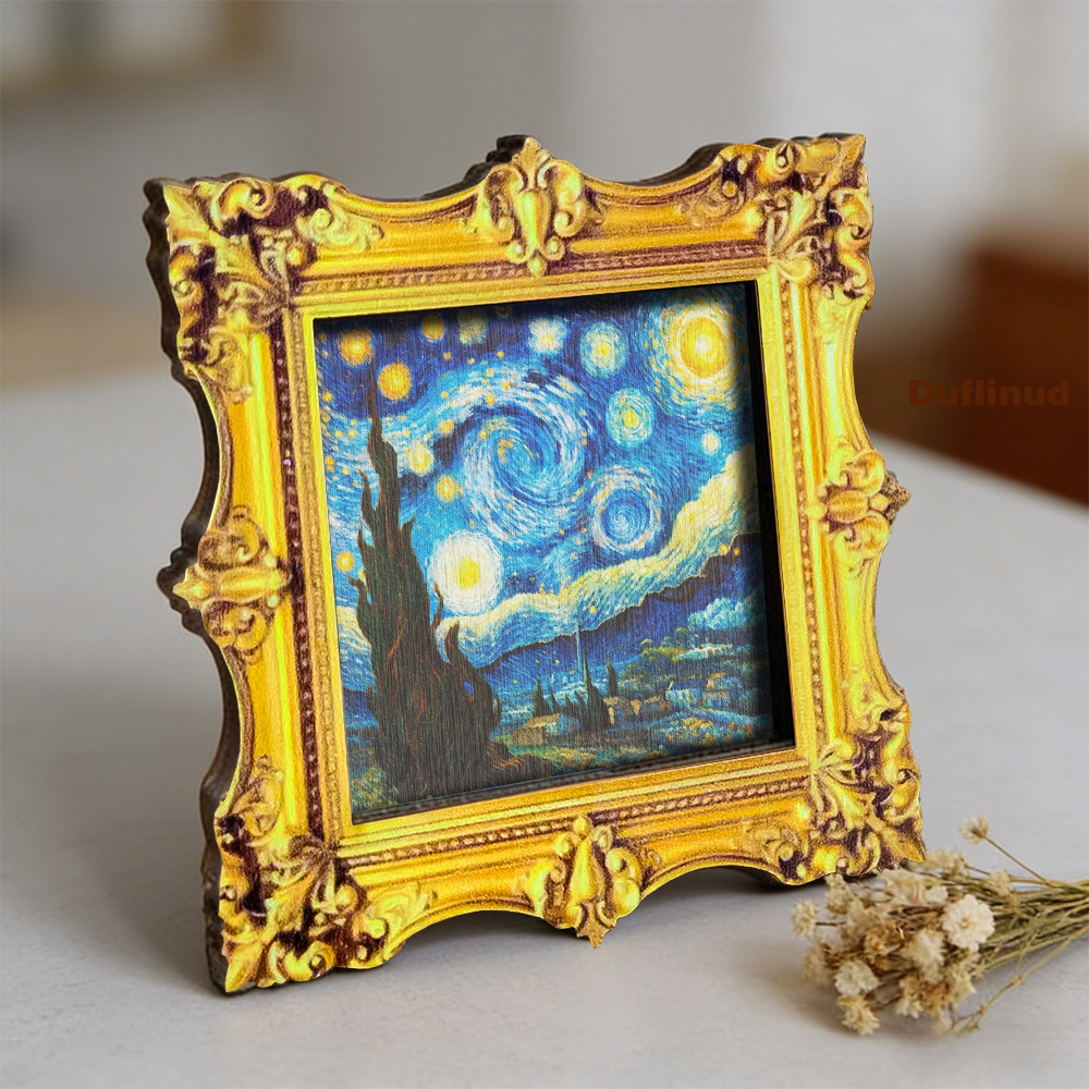 TEMU Duflinud Wood Fridge Magnets Suitable For Kitchen Door Decoration - Mini Starry Art With Blue Swirl & , Oil Painting Texture, Small Rectangular