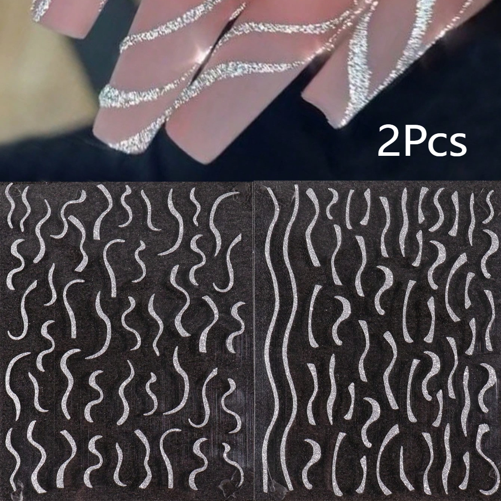 2pcs Glittery Silvery Geometric Stripe Nail Art Stickers French 3d Stripe Swirl Line Nail Art Supplies Nail Stickers
