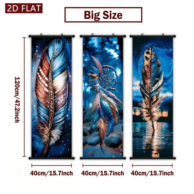 TEMU 2d Flat, 2d Flat, 2d/flat-3pcs Bohemian Feather Plastic Scroll Wall Art Hd Printed Artwork For Bedroom Living Room Office Modern Home Decor Wall