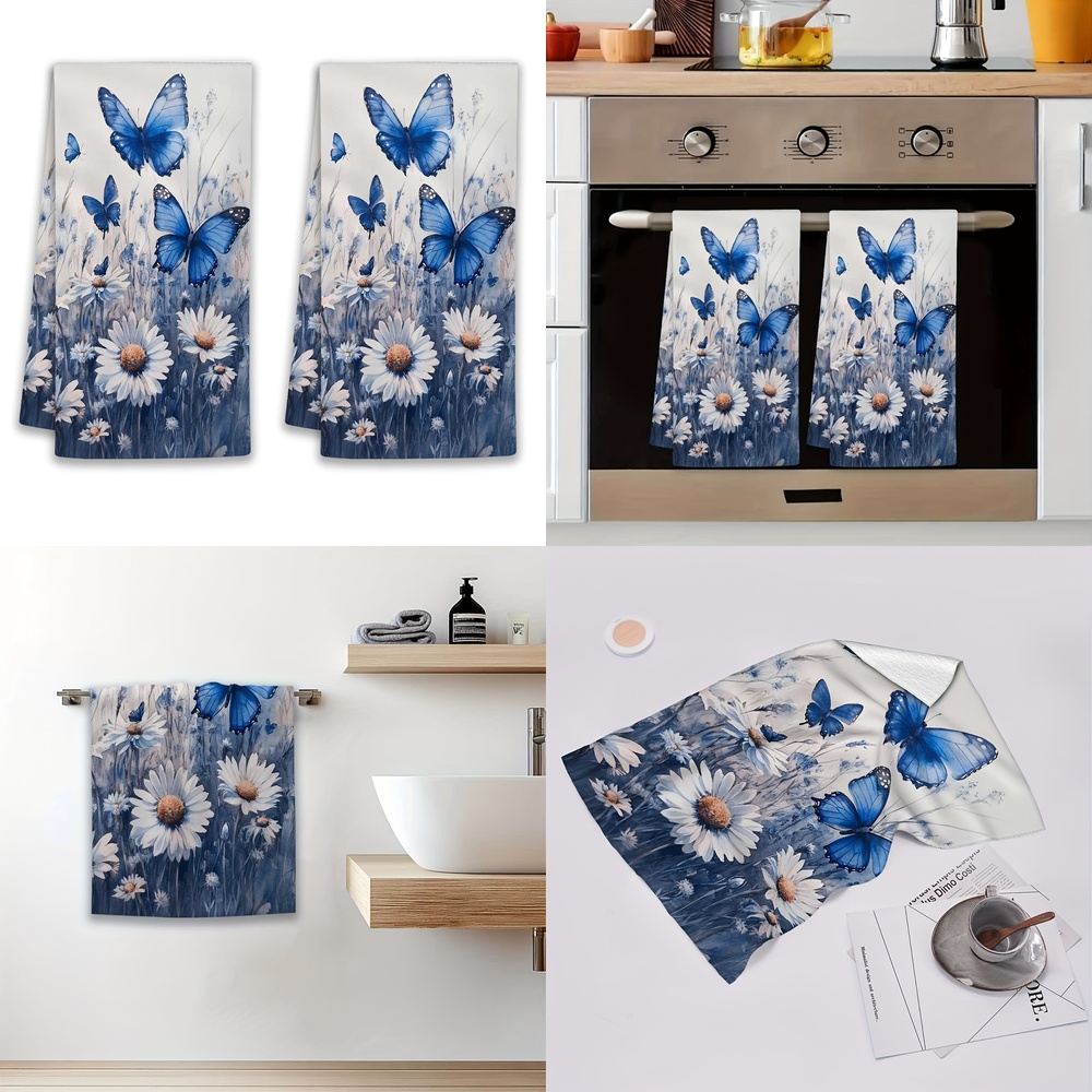 TEMU Lot de 2 chiffons de nettoyage imprimés à plat 2D, lot de 2 torchons de cuisine, motif et marguerite pour salle de bain, , cadeau d'anniversaire
