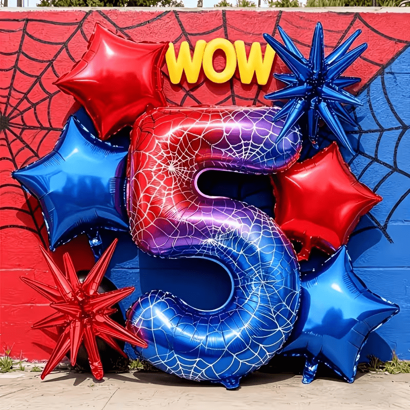 TEMU 7pcs Number Foil Balloon Set, Superhero Theme Red And Set, Suitable For Game Party Decorations, Birthdays, Halloween, Valentine's Day, Weddings,