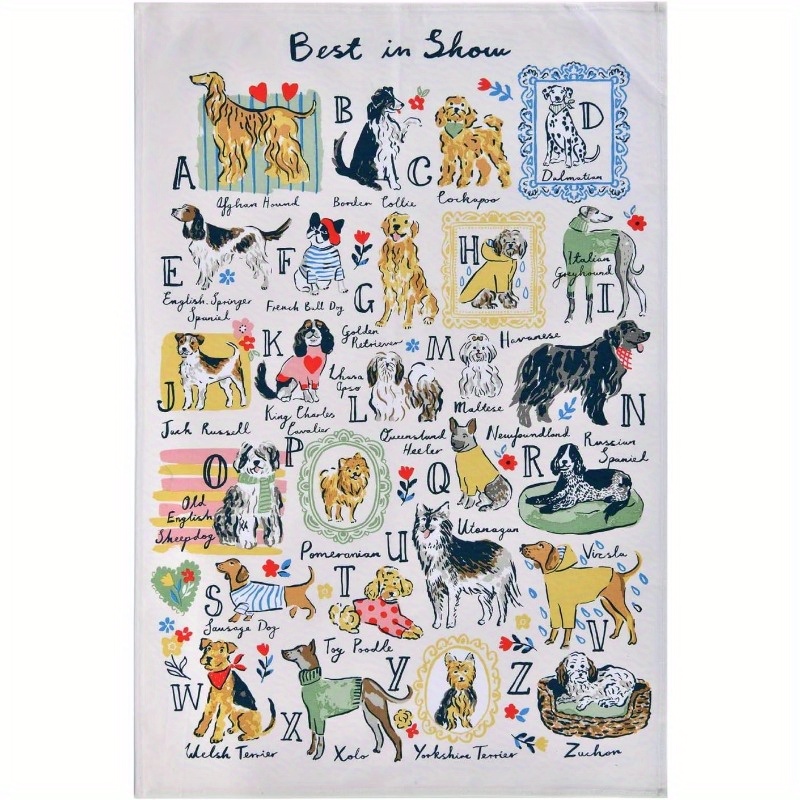 TEMU 1pc Best Exhibit Kitchen Towel, Cartoon Breed Illustration And Floral Heart Pattern, Machine Washable, For Dog Lovers
