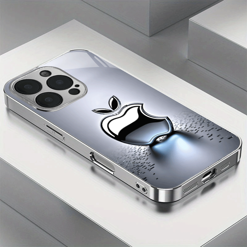 TEMU Metalliskt Silver Äppelmönster Elektropläterat Silver Glas Mobilskal med Linskydd för for iphone