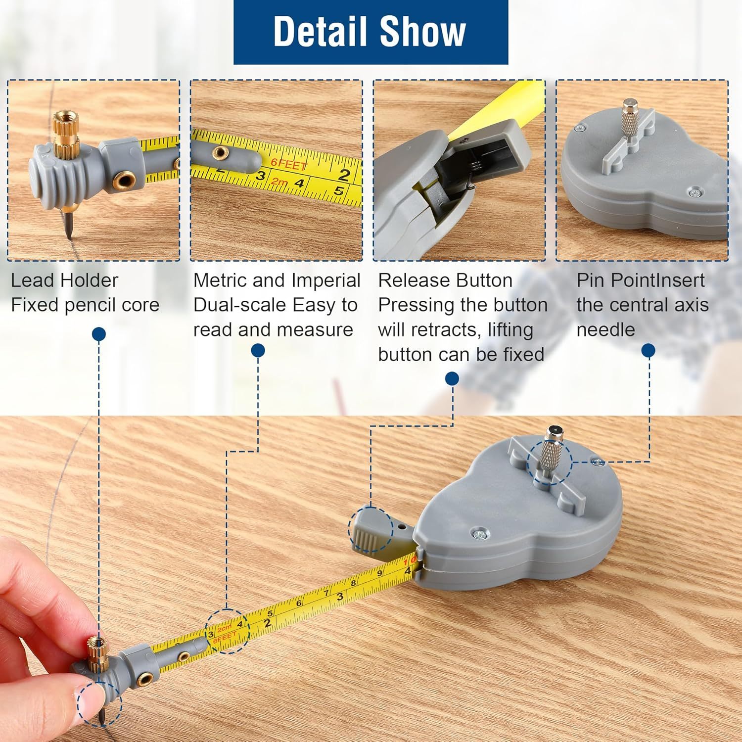 2m alloy woodworking scribing circle measuring tape with 10 pencil leads 2m 0 2cm precision marking compass for drawing   lines diy projects circle drawing compass functional woodworking gear   in china woodworking tools Product details 3