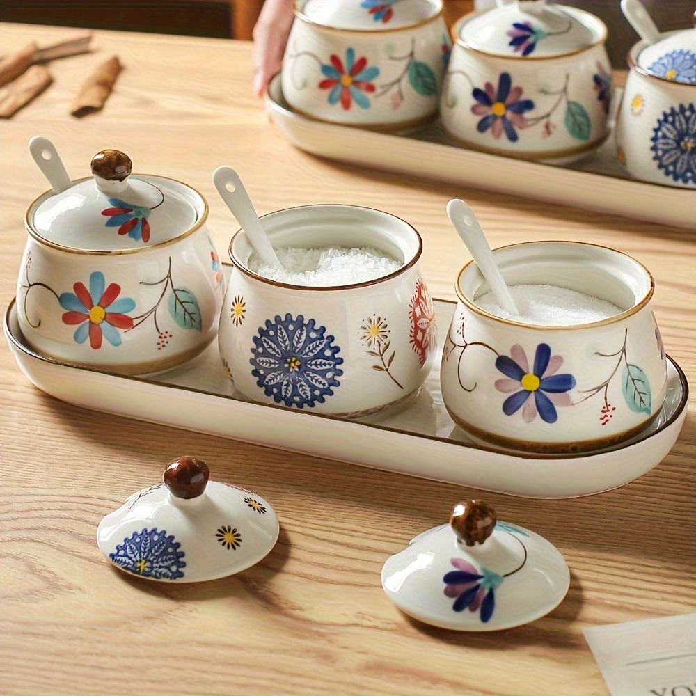 TEMU 4pcs Set(1 Tray, 3 Jars With 3 Spoons) Hand-painted Ceramic Spice Bottle Set, Including -ounce Lidded Sugar Jars, Spoons, And Tray For Kitchen