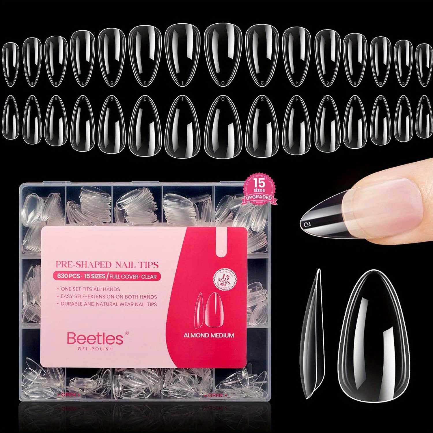 TEMU Beetles Gel Nail Tips Medium Almond: 15 Sizes 630pcs Easy Nail Extension Nail Tips, Full Cover Nail Tips Acrylic False Nails For Gel Nail Polish Press On Nail Gifts For Women