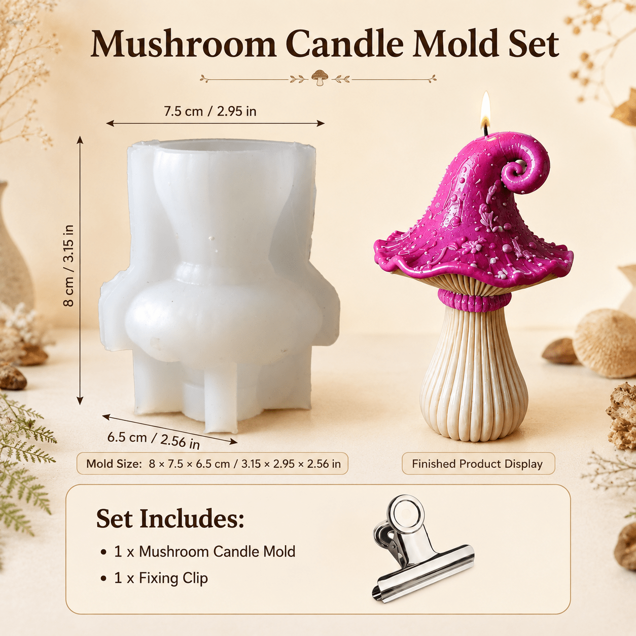 TEMU 3d Mushroom Silicone Candle Mold With Fixing Clip, Resin Casting Molds For Scented Candles, Soap, Resin Crafts, Gypsum, Clay, Home Decor &