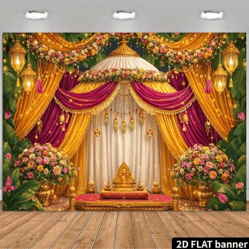 2d flat 2d flat banner 1pc 2d flat golden carved lantern backdrop indian traditional celebration theme featuring a wreath of orange marigolds and purple orange two tone draping valance golden tassel hanging ornament golden carved