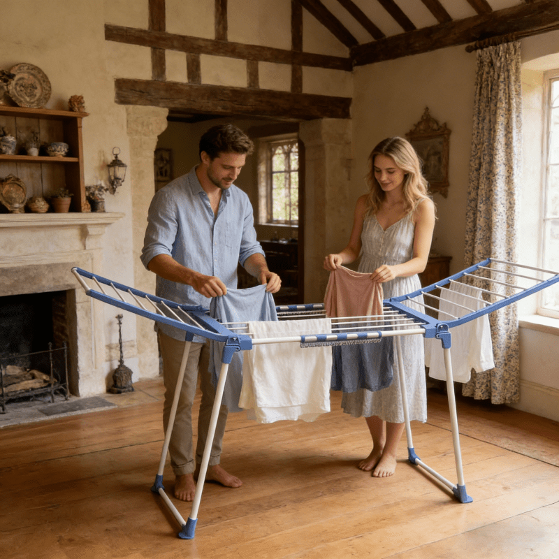 Heavy-duty Upgraded Folding Clothes Hanger, Composed of a Metal Frame and Plastic Connectors. The Frame Features a Rust-proof Surface Treatment, Combining Durability with Lightweight Portability. It Can Simultaneously Dry Multiple Garments and Adapts