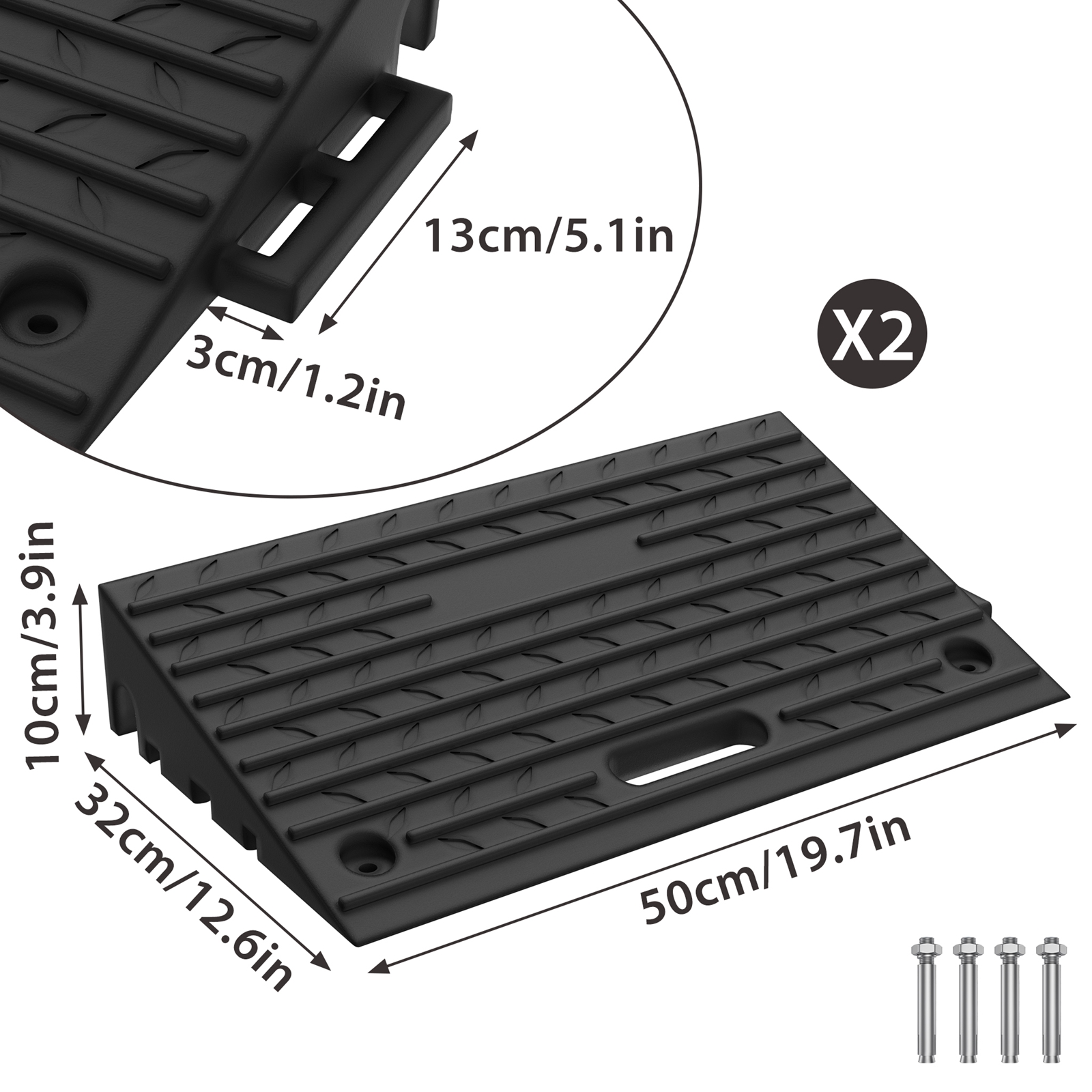 Rubber Curb Ramp Curb Ramp Threshold Ramp With 4 Screws 53 X 32 X 10cm Load 2000 Kg((2pcs)
