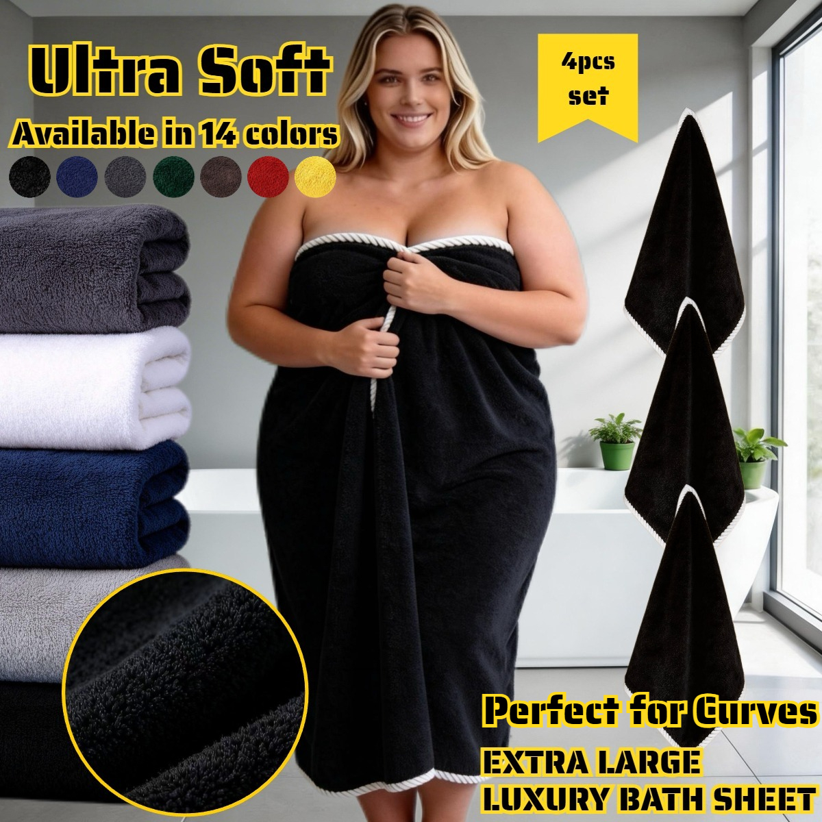 4pcs oversized bath towel set 1 oversized   towel 165x90cm 3 towels 30x30cm   in 14 colors with wheat   hem durable soft and comfortable