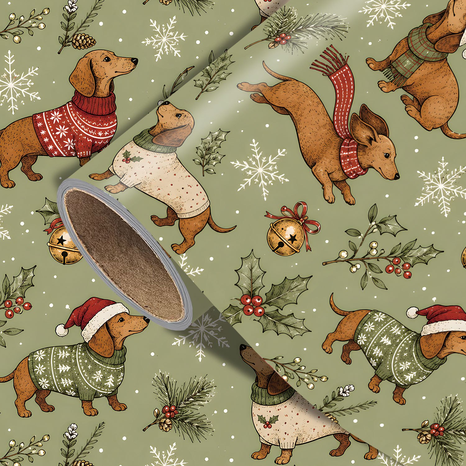Image of 1 Roll Green Christmas Dog Wrapping Paper - Xmas Dachshund Pattern, Designs For Holiday - Measuring 45cm X 300cm (17.7in X 118in)
