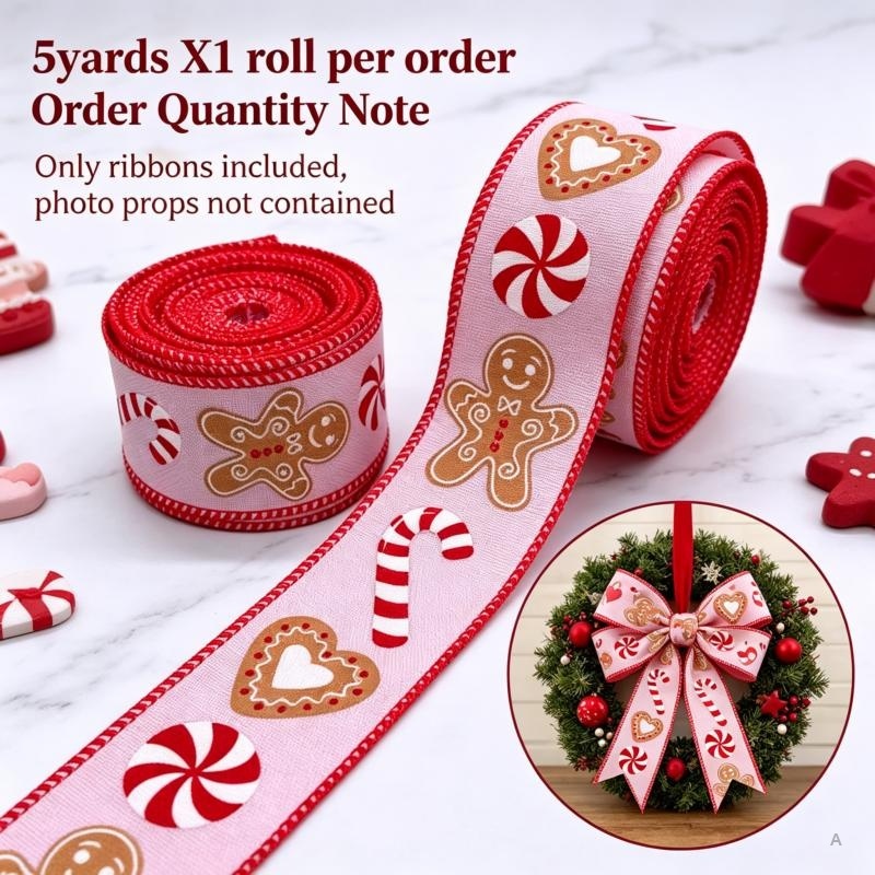 TEMU 1pc, 1.5 Inch, 5 Yards, 38mm Wired Ribbon For Christmas, With Pink Gingerbread For Man Pattern, Bow - Tie Ribbon, For Party Wreath, Home