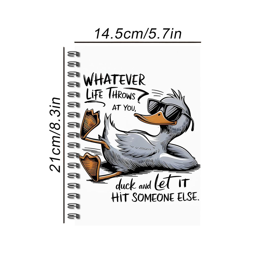 TEMU 1pc White Spiral Notebook, Quote Journal, Humor Lovers And Students, Glasses Duck Illustration With Throws At You Text, 5.7x8.3 Inch A5 Size, 60