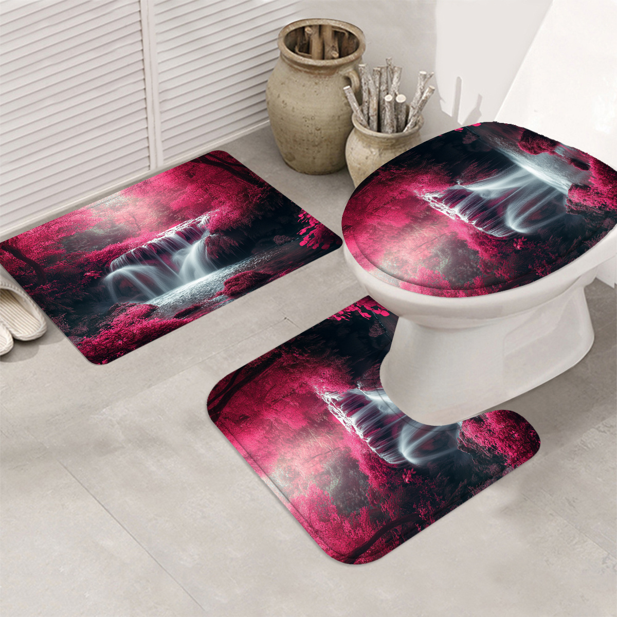 4pcs Natural Landscape Red Leaf Forest Shower Curtain Set, Washable Fabric