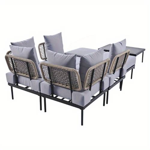 trexm 8pcs patio sectional sofa set with tempered glass coffee table and wooden coffee table for garden patio and poolside light grey cushion black steel