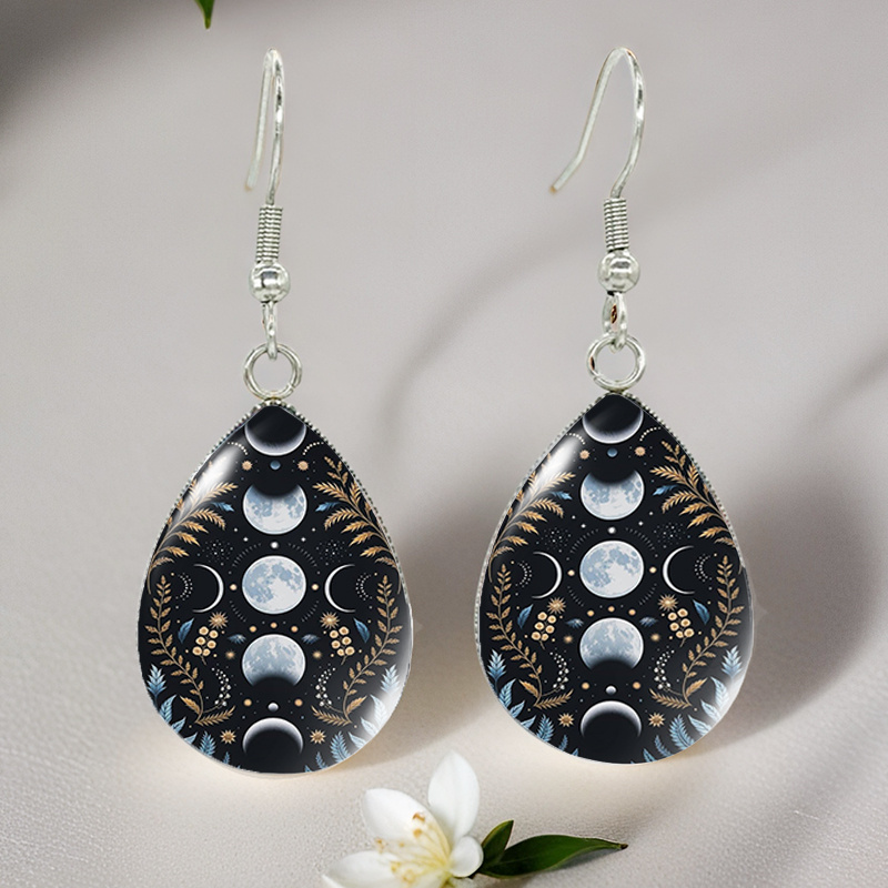 TEMU Retro Moon Lunar Waxing And Waning Leaves Pattern Tear Drop Glass Cabochon Fish Hook Earrings Fashion Stainless Steel Earrings Jewelry Accessory