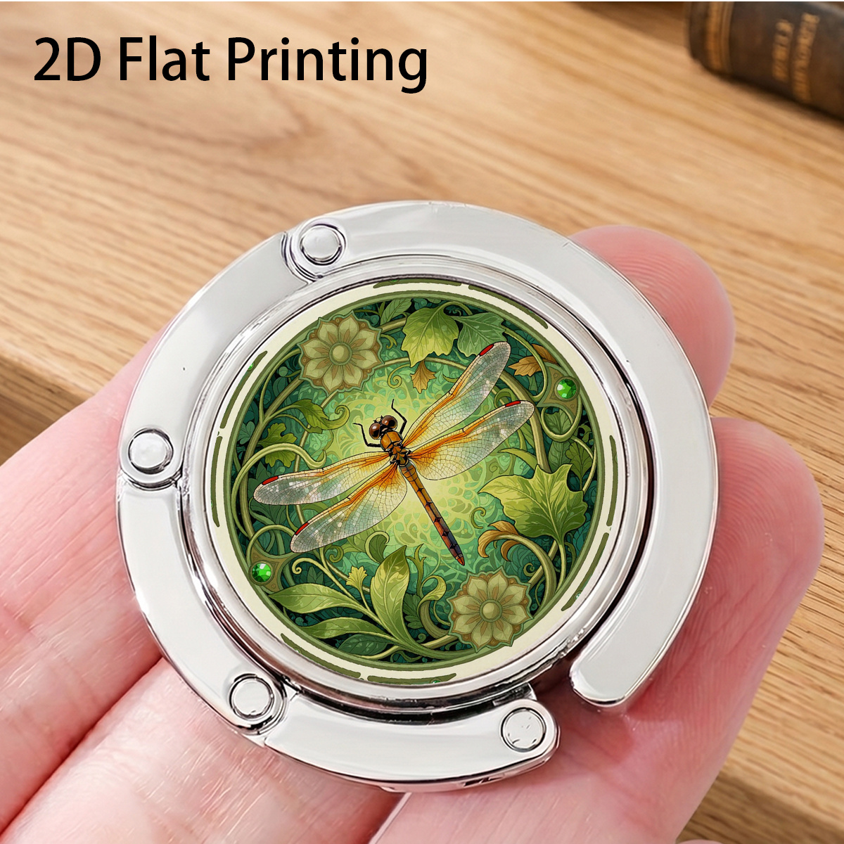 TEMU 1pc Green Gemstone Frame Dragonfly Floral Pattern Silvery Round Foldable Hook, For Hanging Bags On Tables, Shelves Or Car Seats, Universal