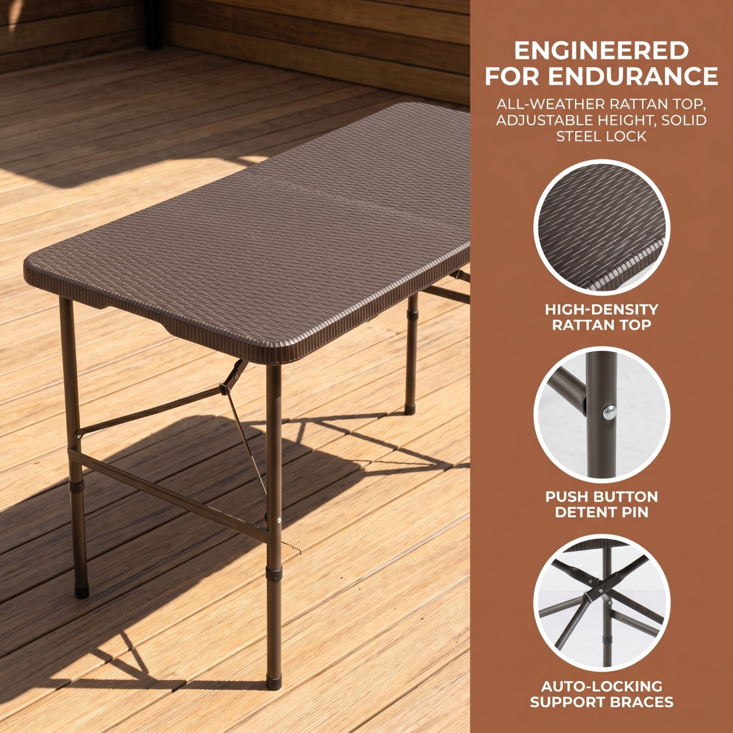 4ft Adjustable Height Patio Table, Outdoor Foldable Plastic Picnic Table, All-Weather Design