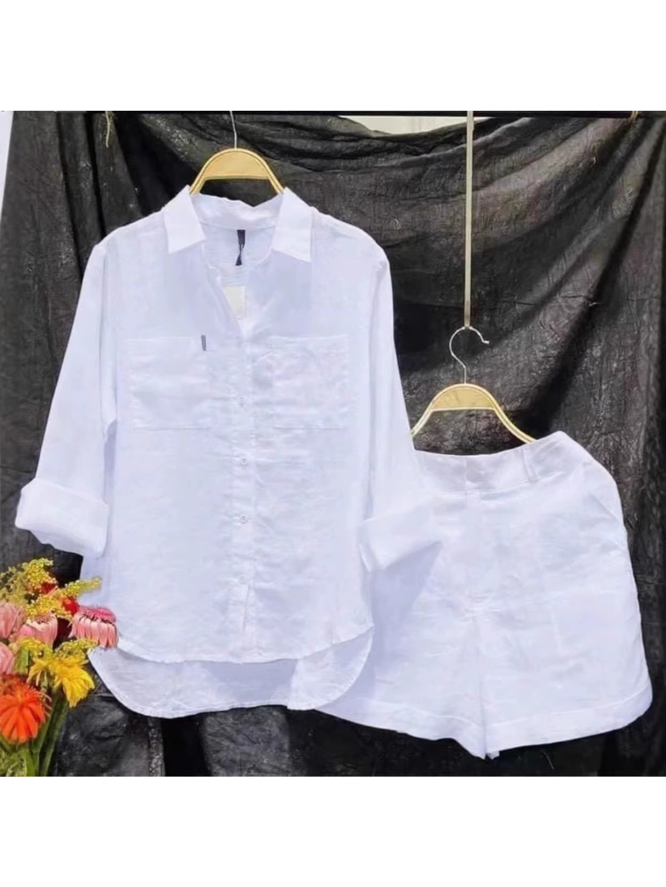   conjunto de  /verano de   piezas para mujer 2026: camiseta casual con botones plisados ocultos y pantalones cortos; elegante y  ; cárdigan con   juvenil y   largas a  ;   para ir al  