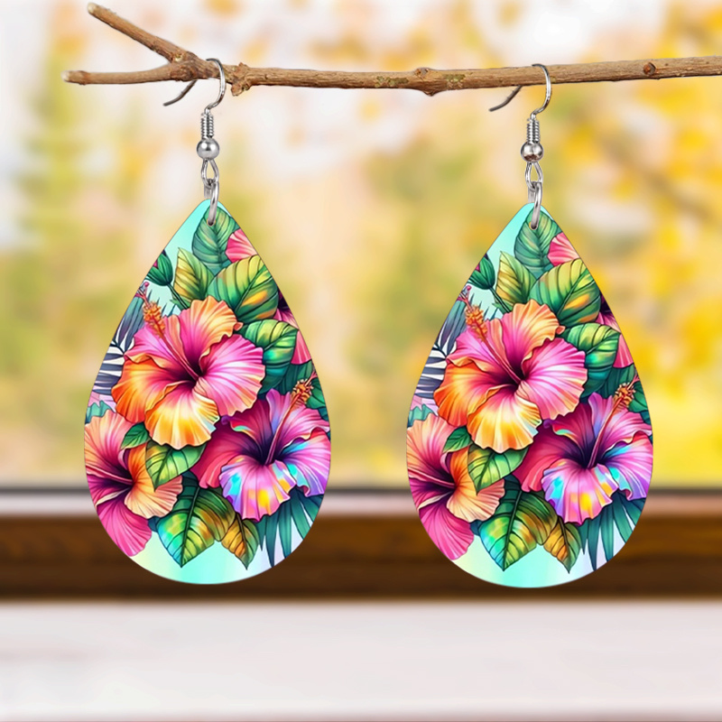 Simple Painting Green Leaf Flower Pattern PU Earrings
