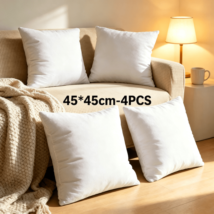 Image of 4pcs Soft Fluffy Square Pillow Inserts With Zip Closure, Detachable Washable Design, 45x45cm Sizes, Decorative Cushion Inserts, , Ideal For Sofa, Bed, Couch, Living Room & Indoor Home Decoration