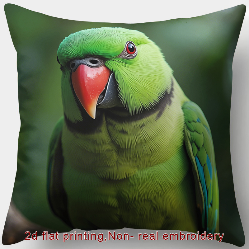 TEMU 1pc, 2d Flat Printing, Zipper Throw Pillow Cover, Pillowcase Suitable For Nature Themes, Emerald , Red Beak, Feather Details, Forest Background.
