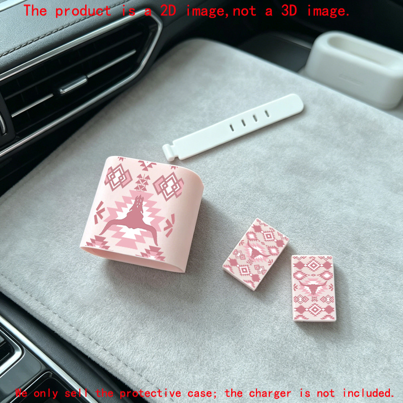TEMU Ensemble de pour chargeur de téléphone 4 pièces, motif géométrique os de vache western, design plat 2D, rose. Comprend un protège-chargeur + un