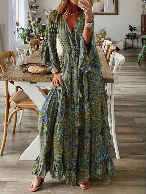 bohemian bell sleeve floral v neck high waisted maxi dress lightweight printed long dress for vacation casual or beachwear flowy and for women