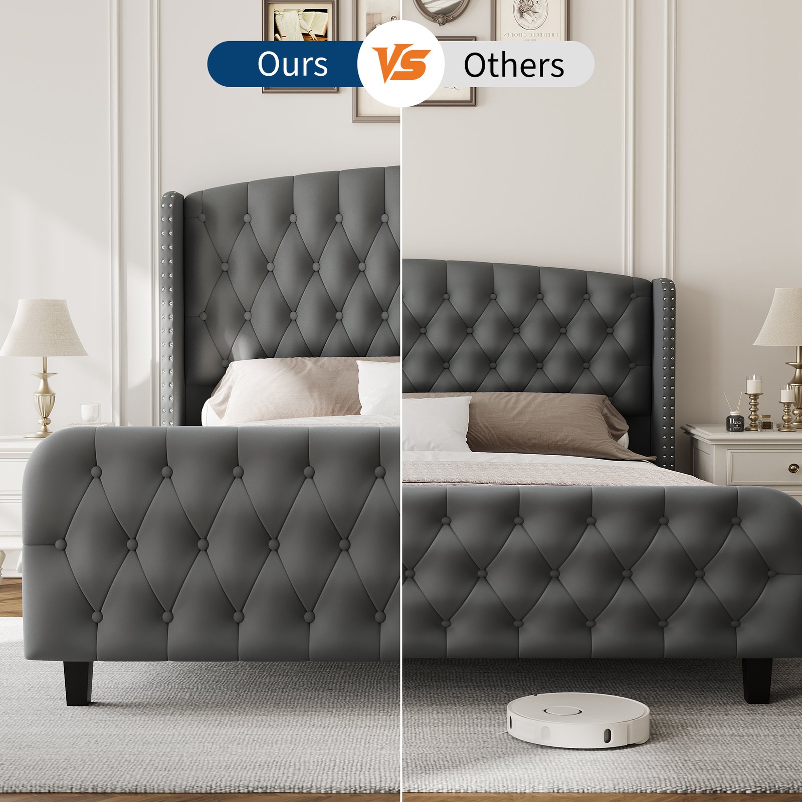 Modern Queen Platform Bed Frame with Wingback Headboard - Cream Beige Suede Upholstery, Deep Button Tufted, Sturdy Slats & Noise-Free Base, No Box Spring Required, Easy Assembly Suitable for Luxury Bedroom Furniture